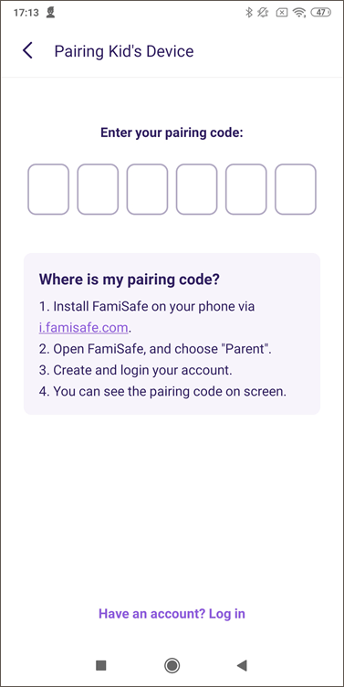 pair your kid's Android using pairing code